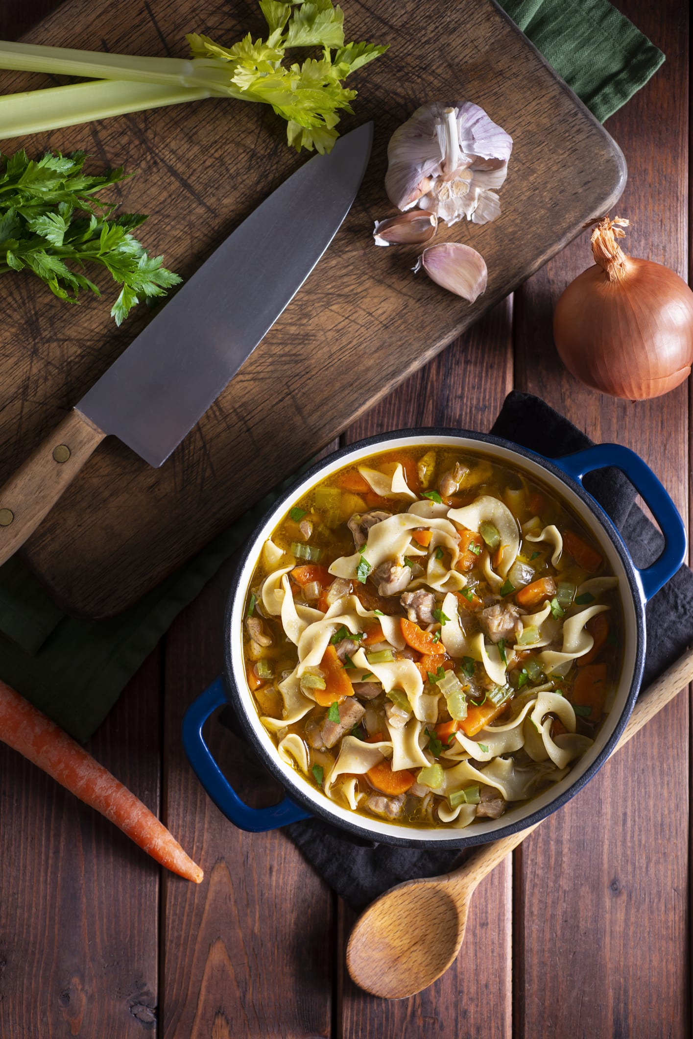 Healthy chicken noodle and vegetable soup
